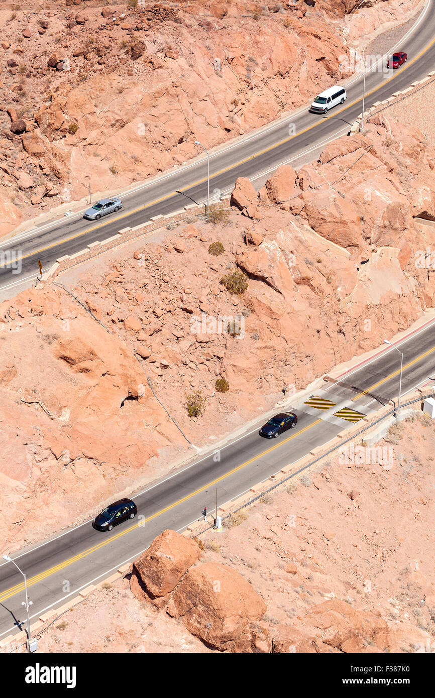 A curvy mountain road to Hoover Dam, USA. Stock Photo