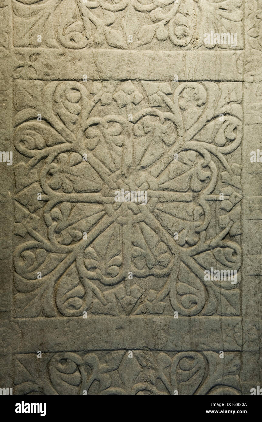 Detail of ancient grave slab - part of the Carved Stones of Kiel, Lochaline, Morvern, Scotland. Stock Photo