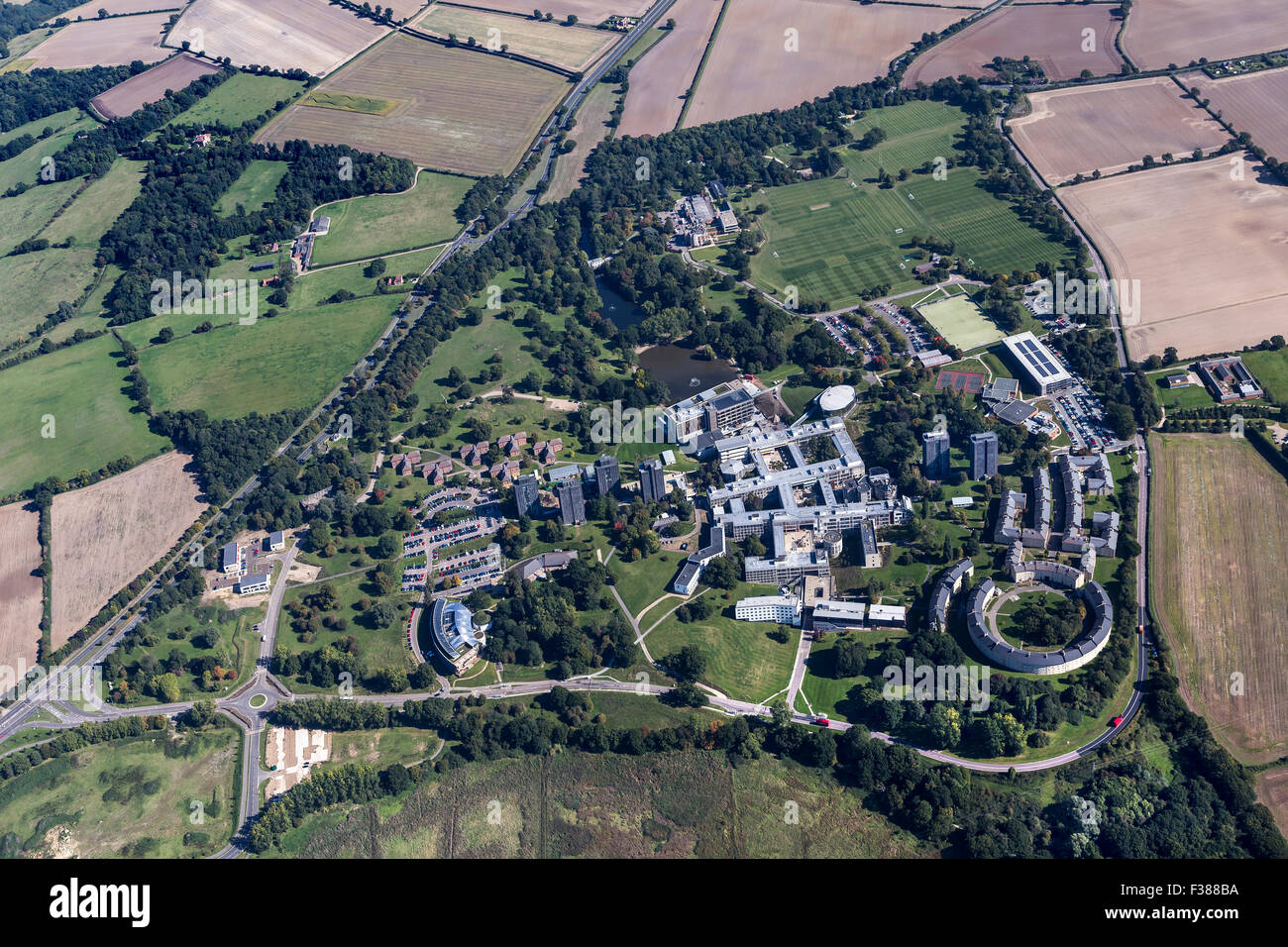 AERIAL VIEWS OF THE UNIVERSITY OF ESSEX, WIVENHOE SHOWING THE WHOLE OF THE UNIVERSITY AREA Stock Photo