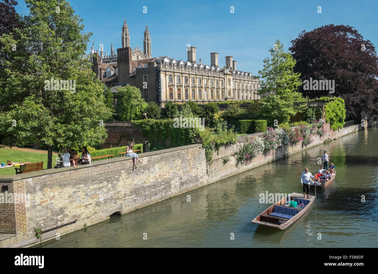 Punting on the River Cam, Cambridge, Cambridgeshire, with Clare College building and gardens in the background. Stock Photo