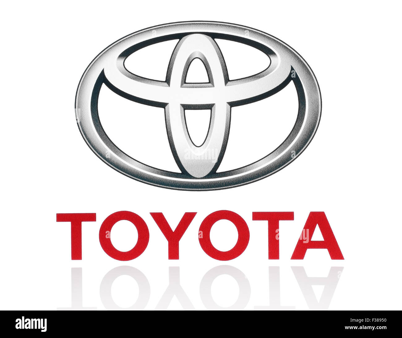 KIEV, UKRAINE - MARCH 21, 2015: Toyota logo printed on paper and placed on white background. Stock Photo