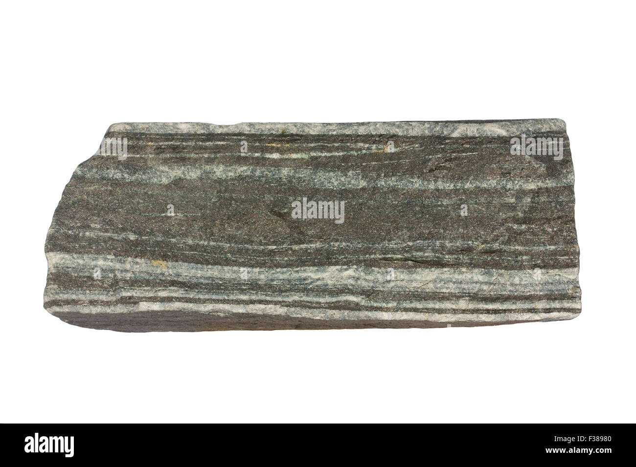 Banded iron formation (BIF). Algoma-type BIF from the Archaean. Dark is magnetite, white is cherty quartz. Stock Photo