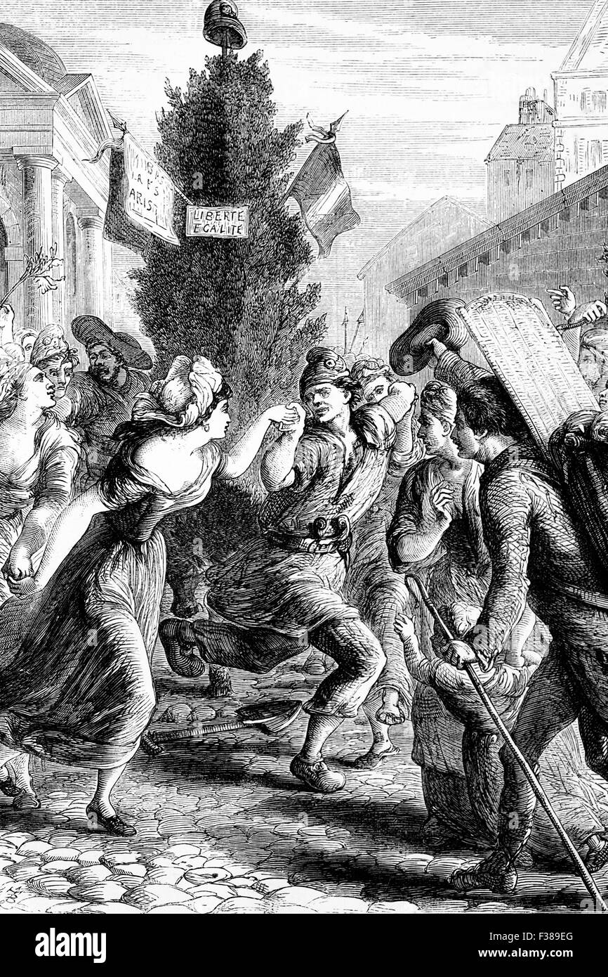 The sans-culottes, lower class radicals of the Revolutionary army during the French Revolutionary Wars dancing the Carmagnole, the title of a French song made popular during the French Revolution and a wild dance. Stock Photo