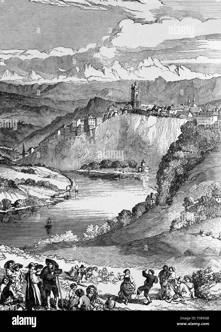 18th Century view of the  River Aare in the City of  Bern or Berne, Switzerland Stock Photo