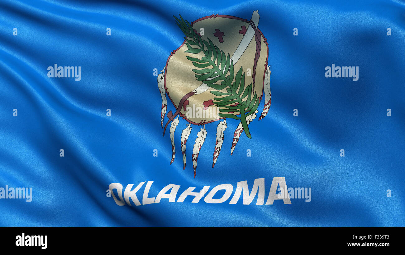 US state flag of Oklahoma waving in the wind with high quality texture Stock Photo