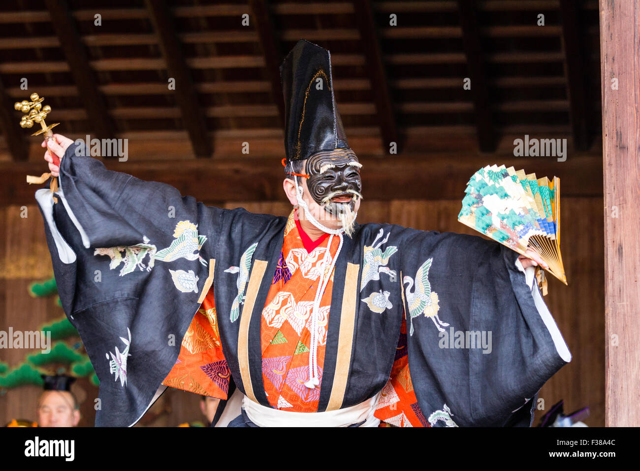 Kyoto Yasaka Shinto Shrine Traditional Noh Performance Main Actor Shite Dancing With Mask No Men Or Omote And Fan Obi Kyoto Yasaka Shinto Shrine Traditional Noh Performance Main Actor Shite Dancing With Mask No Men Or Omote And Fan Obi