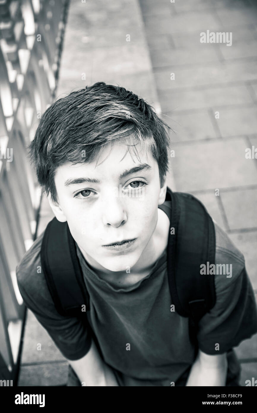 black and white portrait of a teenage boy Stock Photo