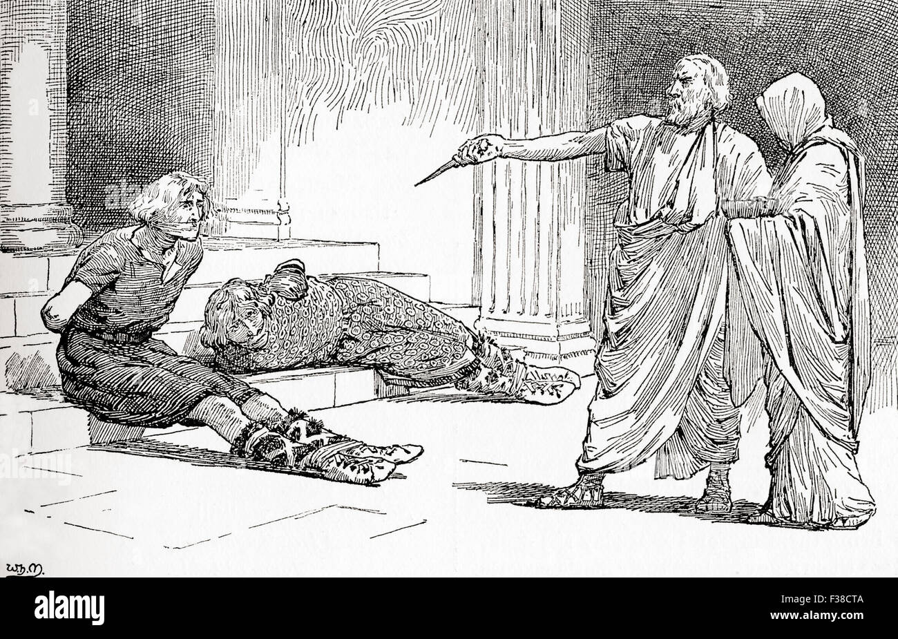 A scene from William Shakespeare's play Titus Andronicus.  Act V, scene 2. Titus: 'Come, come, Lavinia, look, thy foes are bound.'   Illustration by Gordon Browne. Stock Photo