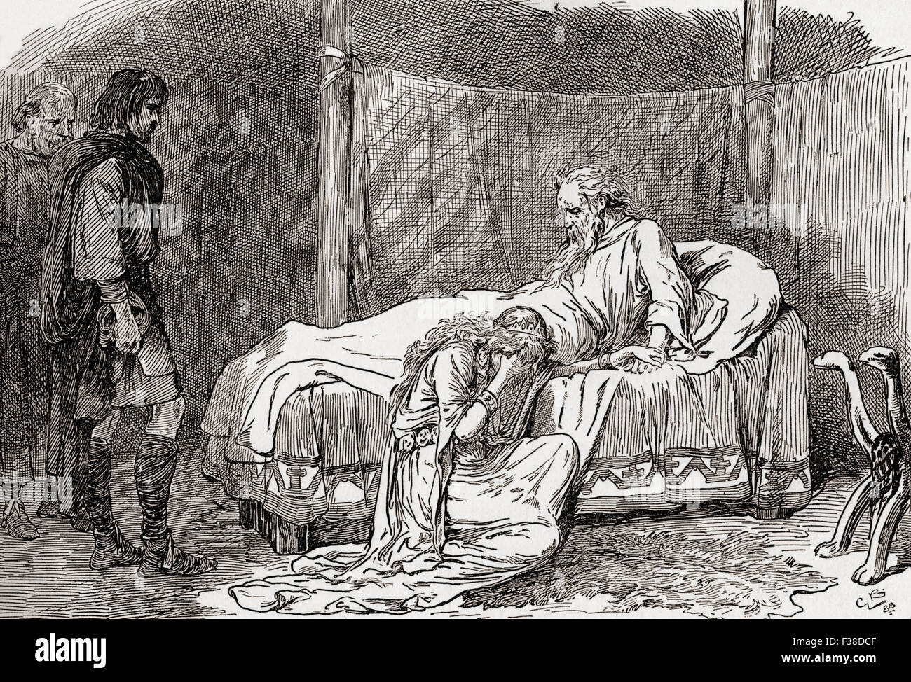A scene from William Shakespeare's play King Lear. Act IV, scene 7.  Lear:  'I pray, weep not.  If you have poison for me, I will drink it.  I know you do not love me, for your sisters have, as I do remember, done me wrong.  You have some cause, they do not.'  Illustration by Gordon Browne. Stock Photo