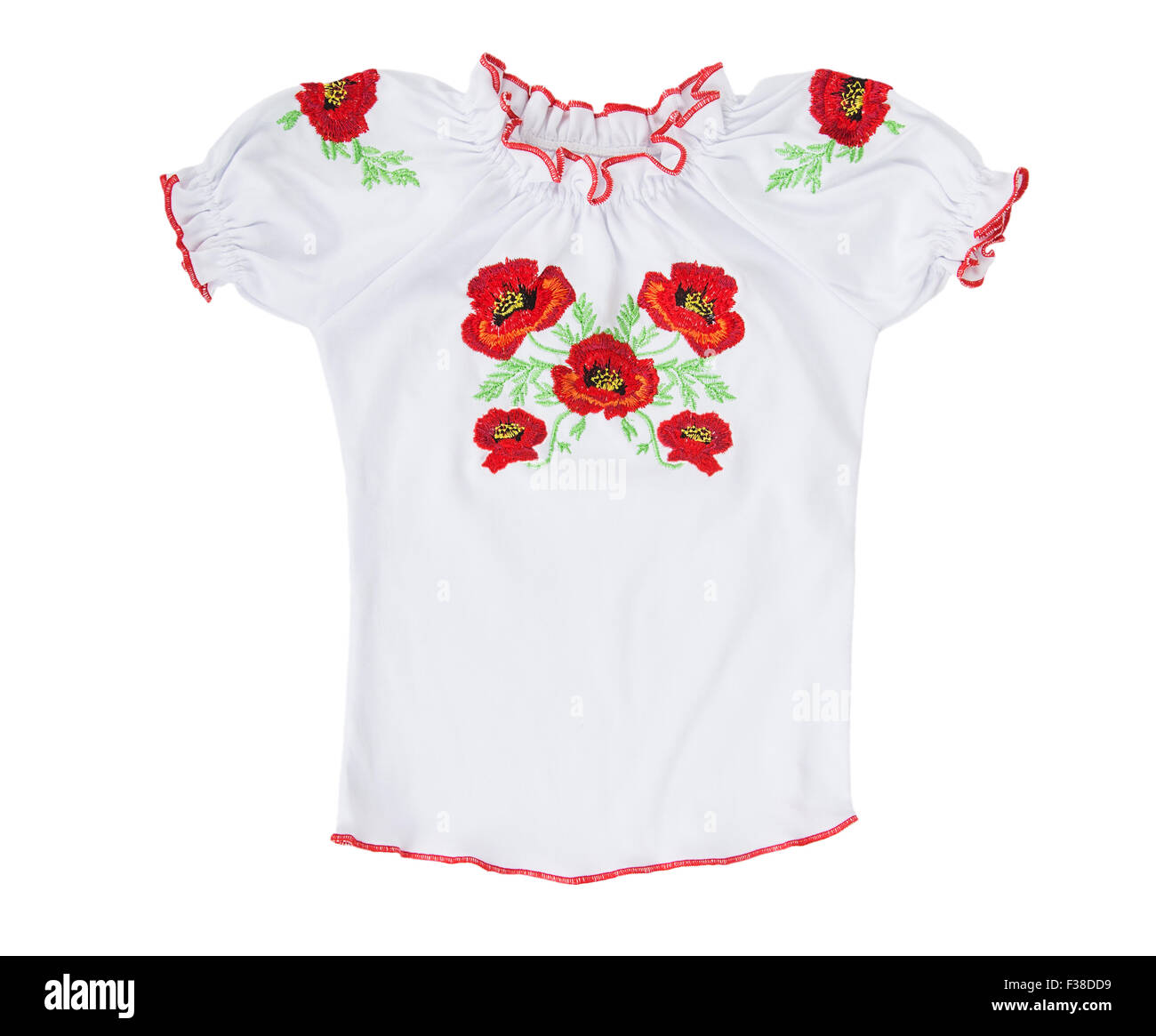 Children's white T-shirt with embroidered poppies isolated on white background Stock Photo