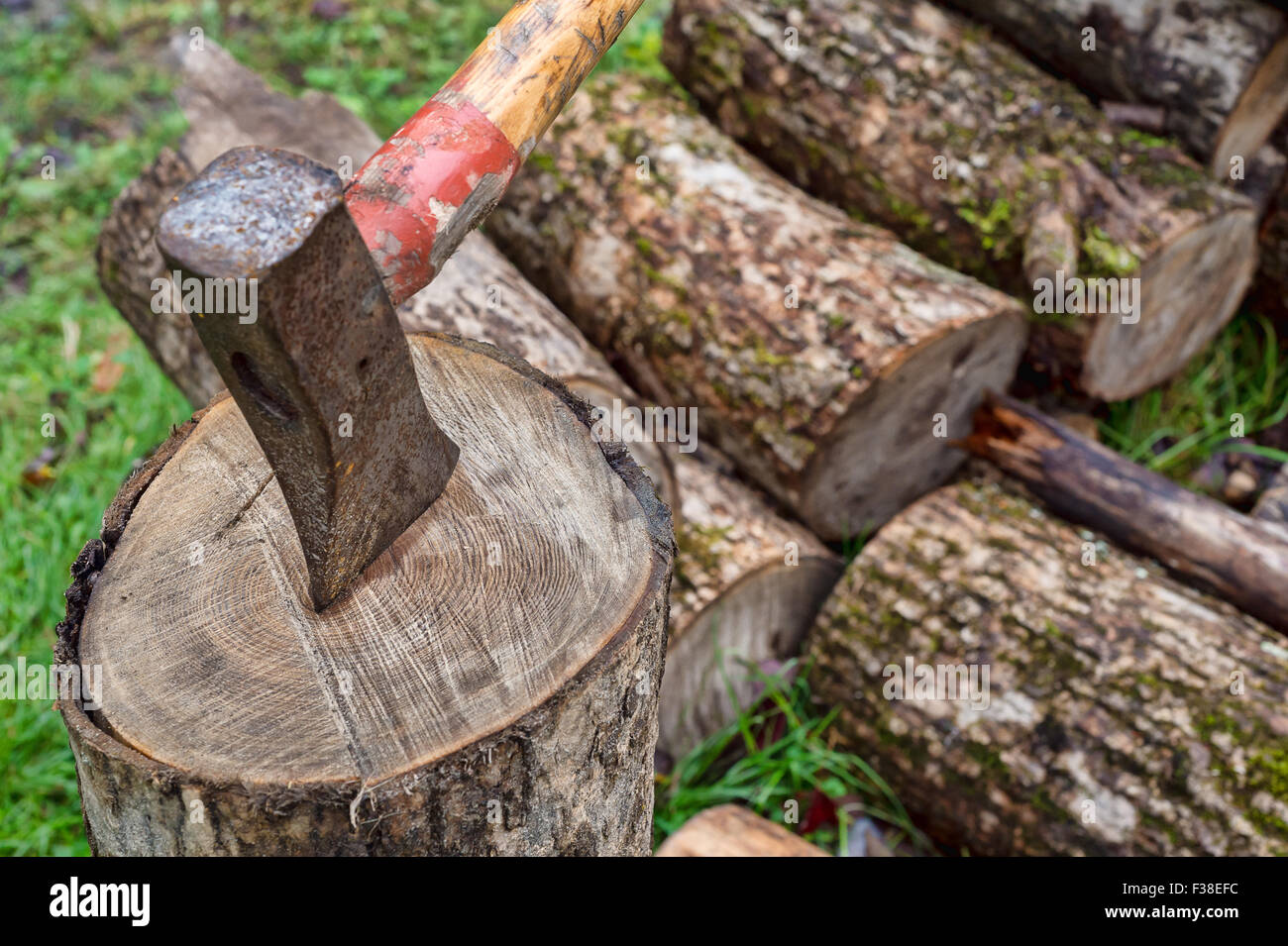 Axe on chopping block with a woodpile in the background Stock Photo