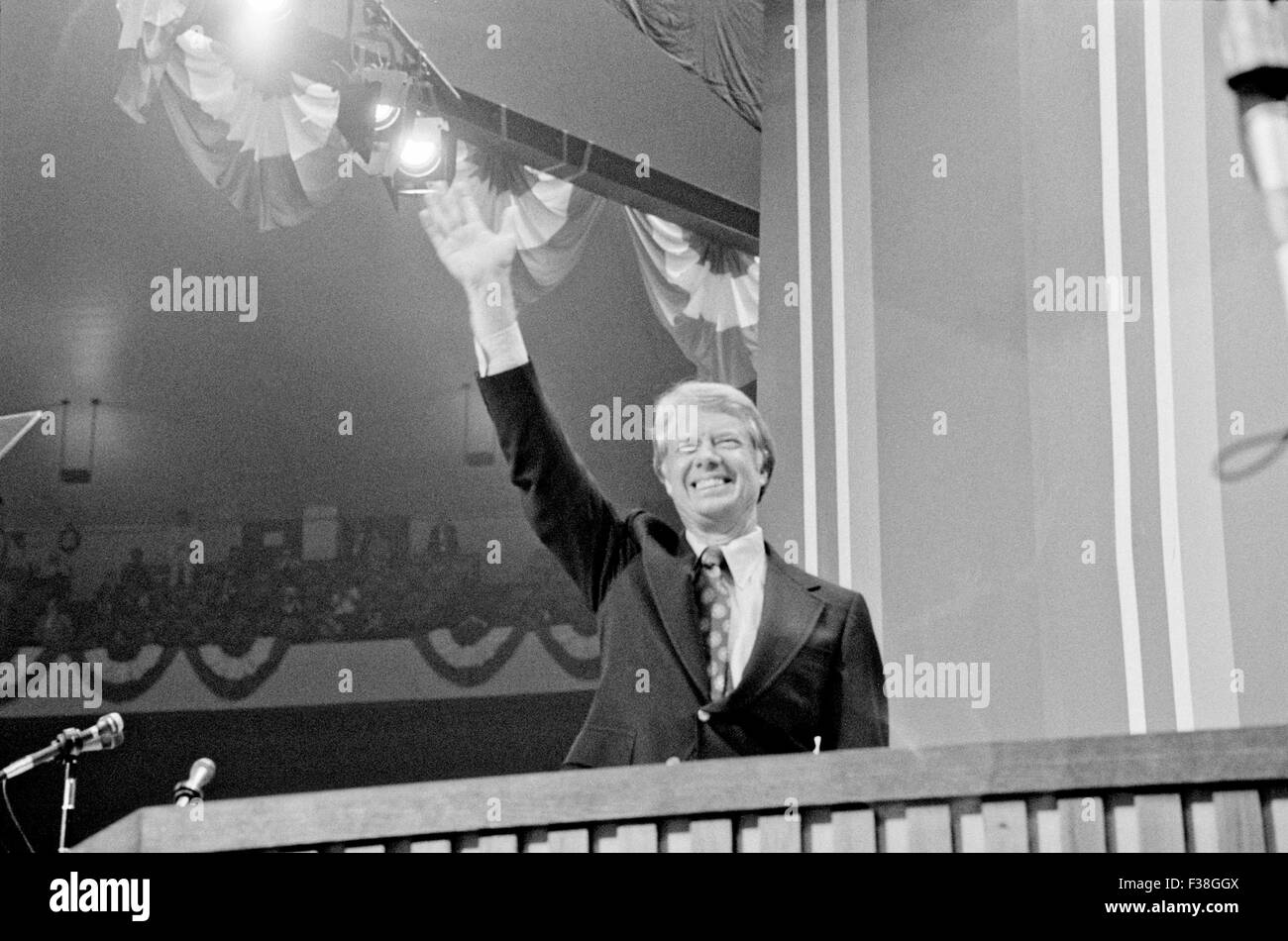 Gov. Jimmy Carter waves to supporters after capturing the Democratic Party nomination at the Democratic National Convention July 15, 1976 in New York, NY. Stock Photo