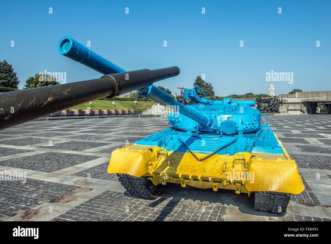 T-64 tank in Kiev near Mother Motherland statue after having been repainted in the colors of the flag of Ukraine Stock Photo