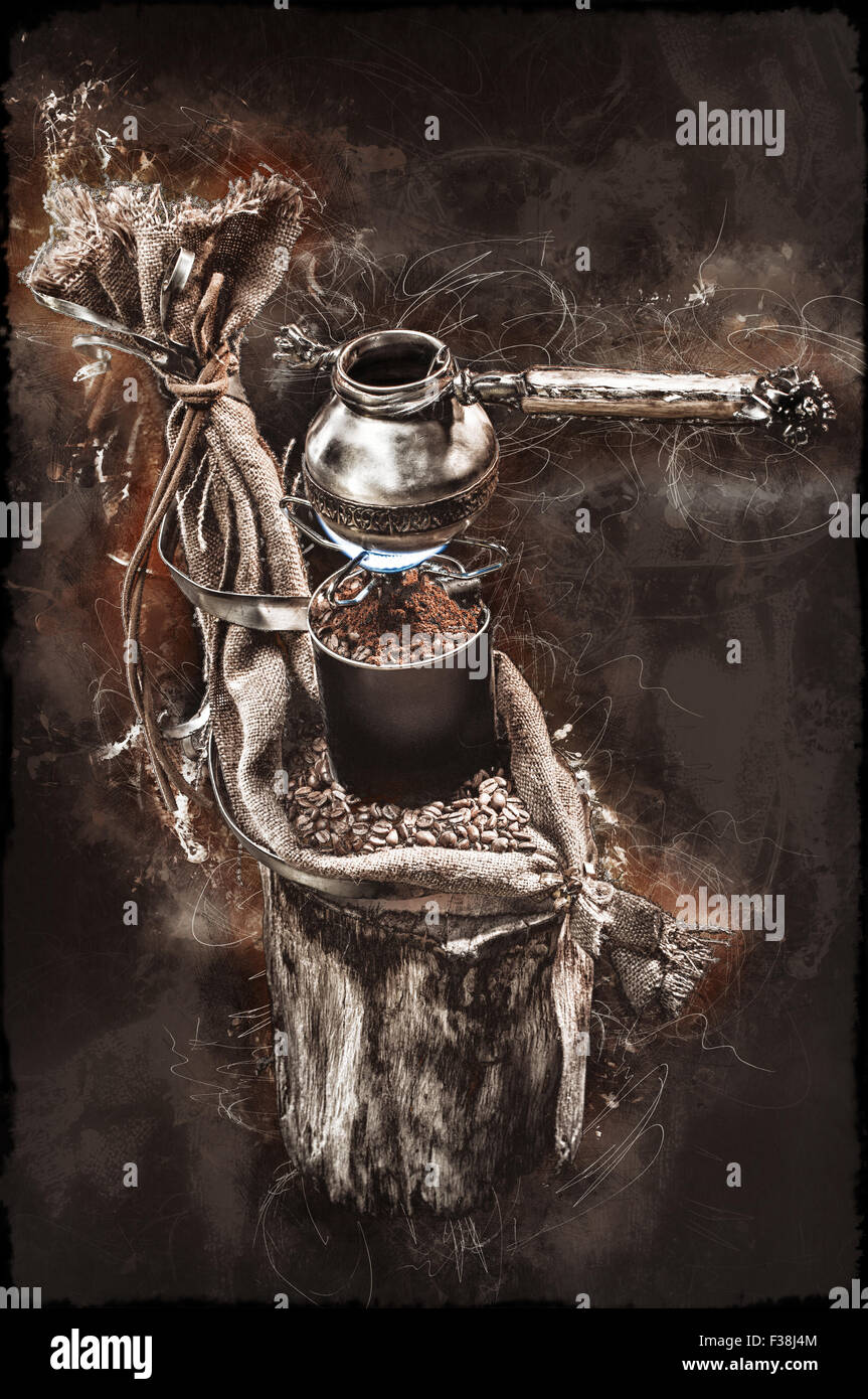 still life with a coffee pot on the fire Stock Photo