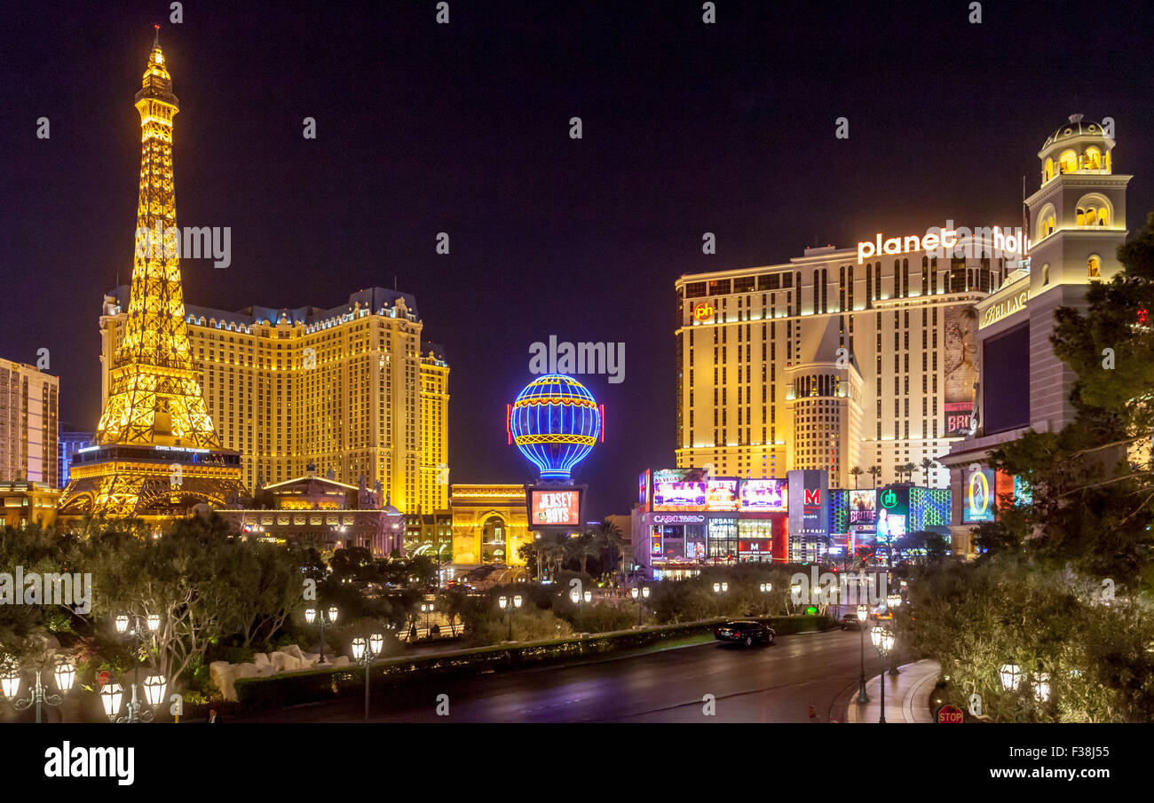 Nighttime views of Hotels, Resorts and Casinos on the Las Vegas Blvd, Las Vegas, Nevada. Stock Photo