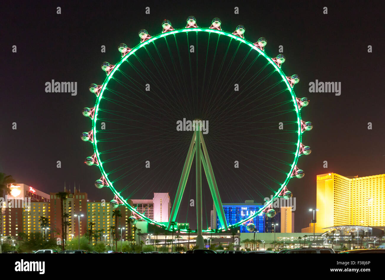 A nighttime view of the High Roller Ferris Wheel in Las Vegas, Nevada. Stock Photo