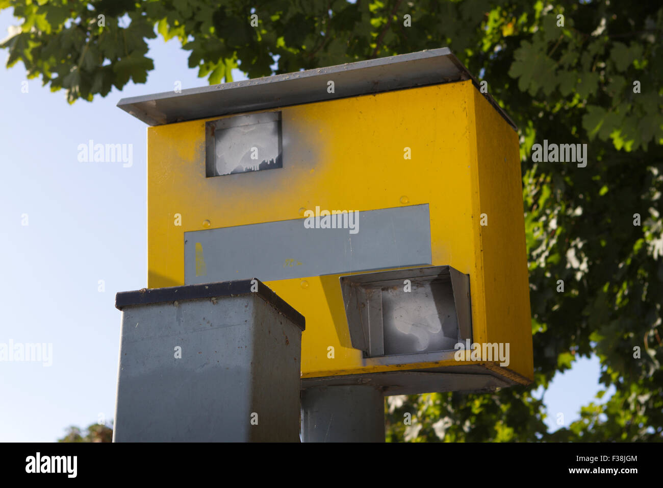 A roadside Gatso traffic speed enforcement camera defaced with spray paint Ainsdale, Southport, Merseyside, UK Stock Photo