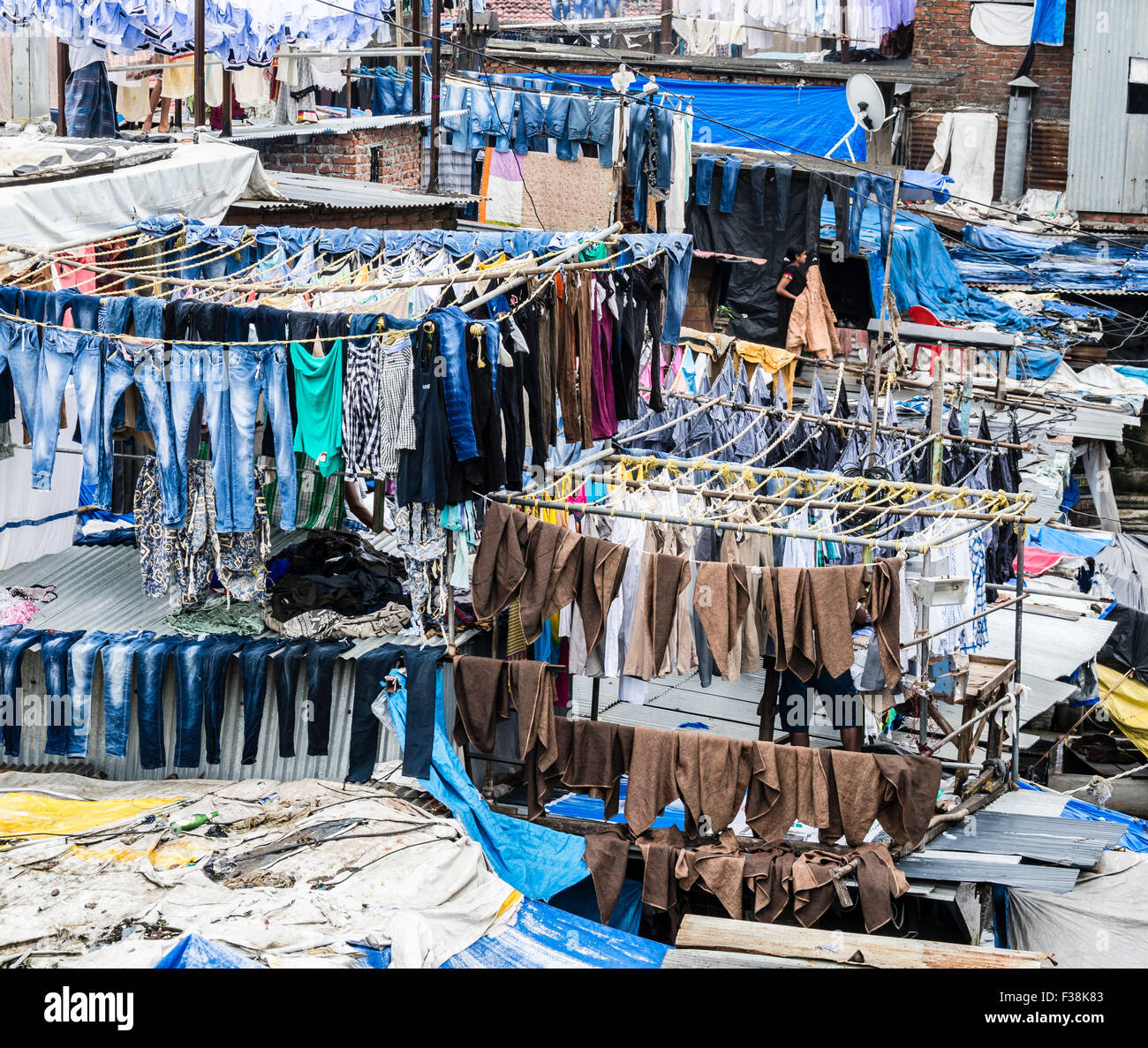 Dhobi Ghat, the world's largest outdoor laundry, clothes drying outside Mumbai, India Stock Photo