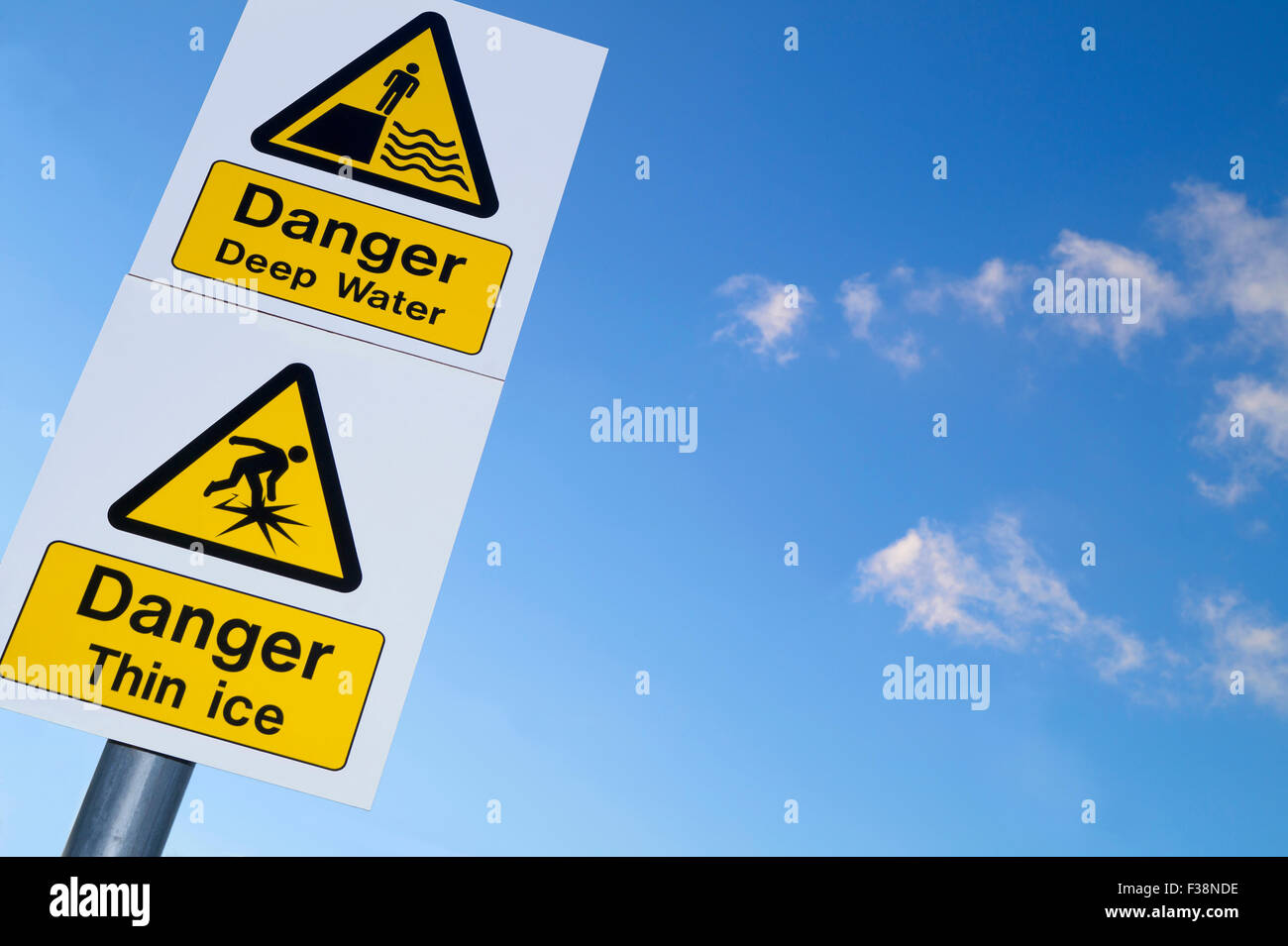 Sign showing danger of deep water and thin ice Stock Photo - Alamy