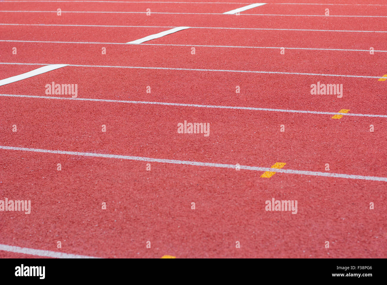 Yard line, running track, athletics track, a red, white ground. Stock Photo