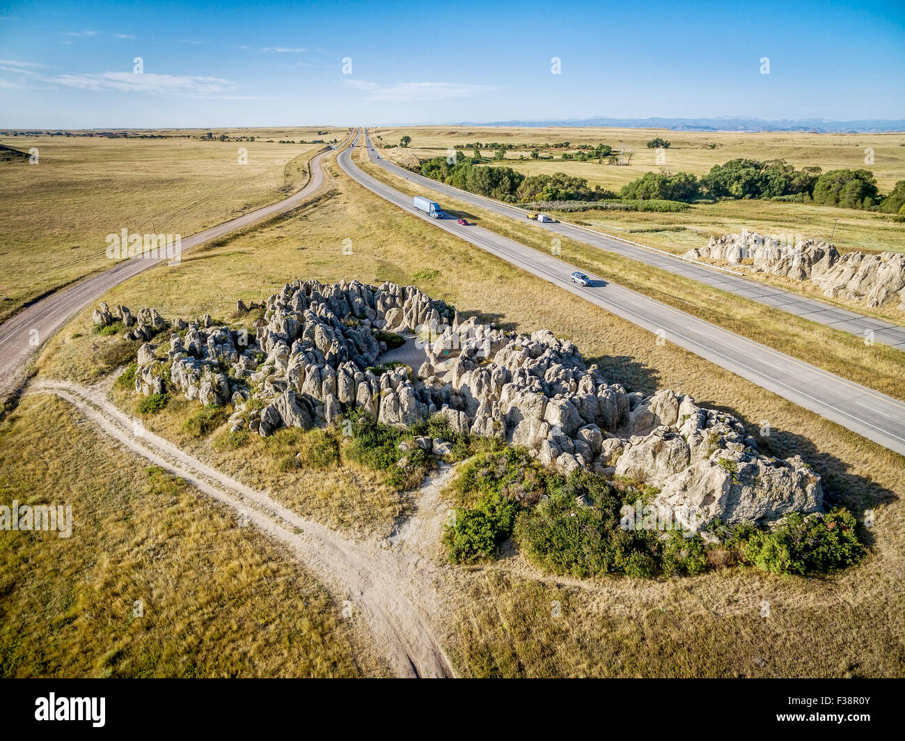 aerial view  of interstate highway I-25 in northern Colorado at Natural Fort, historical and geological landmark Stock Photo