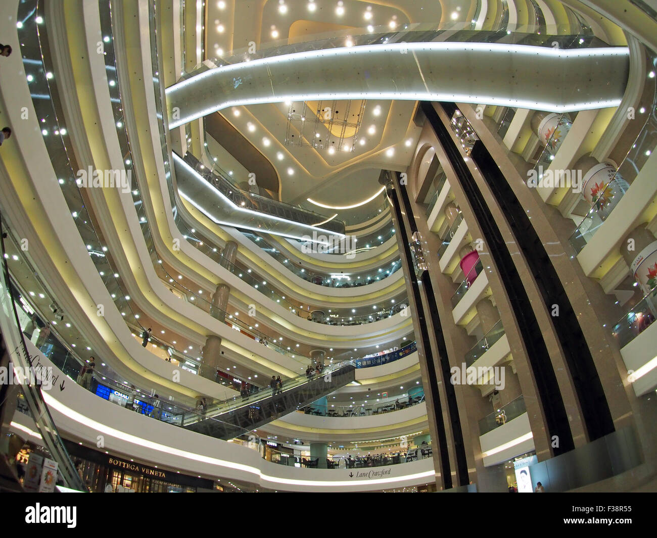 Wide angle view looking up at of the interior of the Times Square shopping centre in Causeway Bay Hong Kong Stock Photo