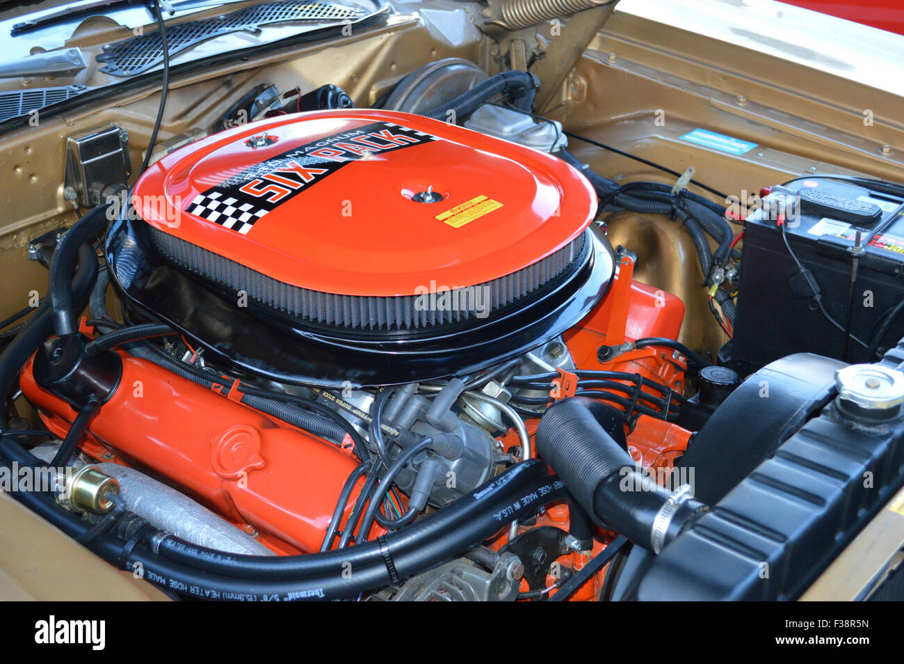 A Dodge 440 Six Pack engine on display at a car show. Stock Photo