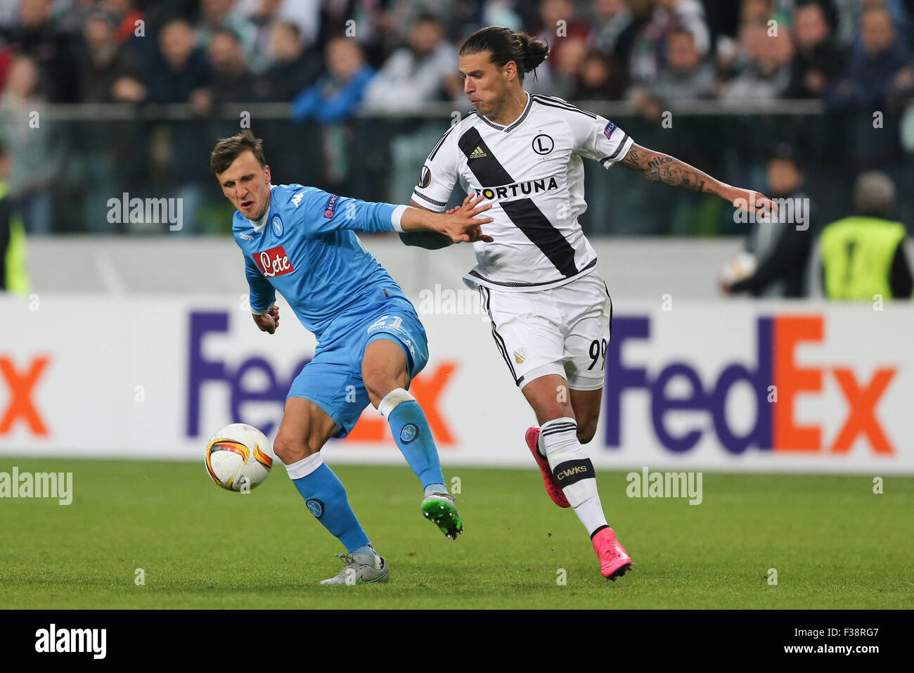 Warsaw, Poland. 01st Oct, 2015. Europa League group stages. Legia Warsaw versus SC Napoli. Vlad Chiriches (Napoli), Aleksandar Prijovic (Legia) Credit:  Action Plus Sports/Alamy Live News Stock Photo