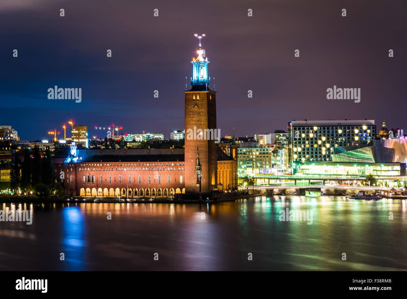 View of Stockholm City Hall at night, from Monteliusvägen, in Södermalm, Stockholm, Sweden. Stock Photo