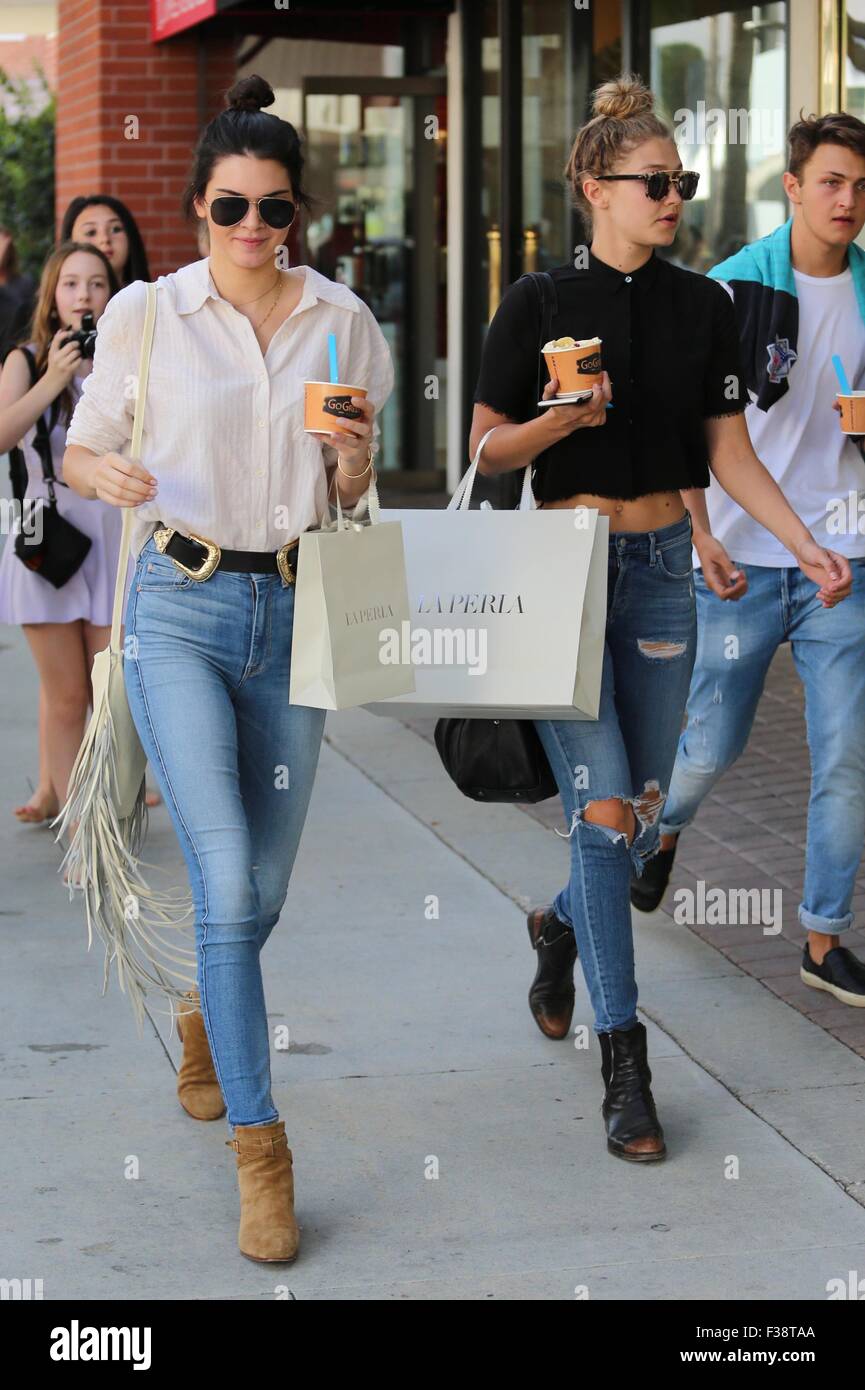 Kendall Jenner and Gigi Hadid go shopping in Beverly Hills. The duo carried  shopping bags from La Perla and enjoyed frozen yogurt from Go Greek.  Featuring: Kendall Jenner, Gigi Hadid Where: Los