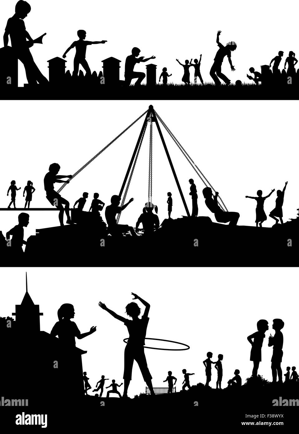 Set of eps8 editable vector foreground silhouettes of children playing in school playgrounds Stock Vector