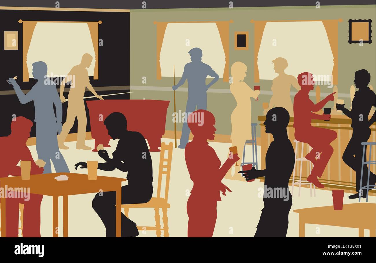 EPS8 editable vector cutout illustration of people drinking in a busy bar and enjoying typical pub games Stock Vector