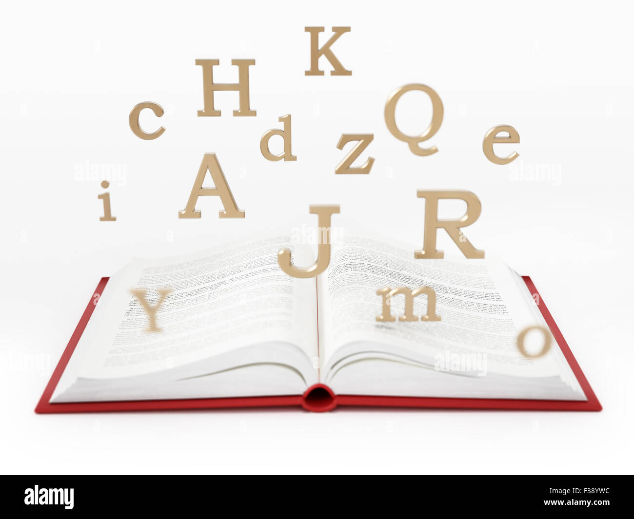 Open book with letters in the air isolated on white background Stock Photo