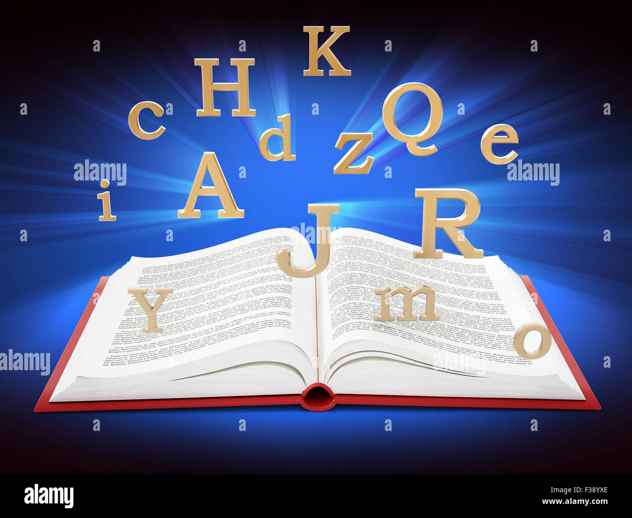 Open book with letters in the air on blue background Stock Photo