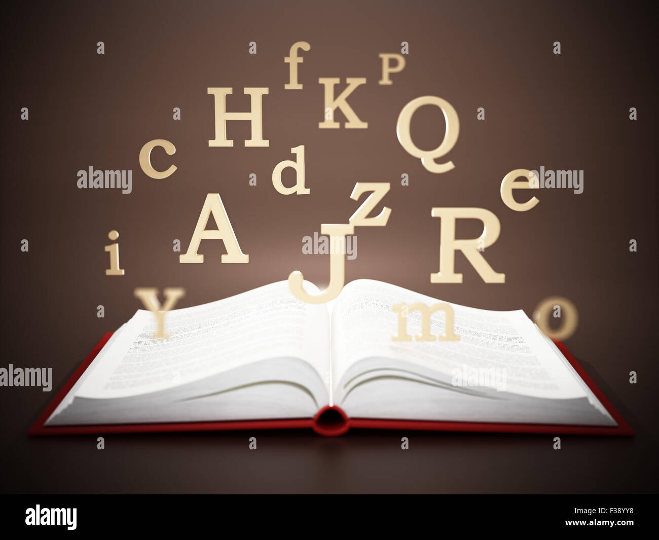 Open book with letters in the air on blue background Stock Photo