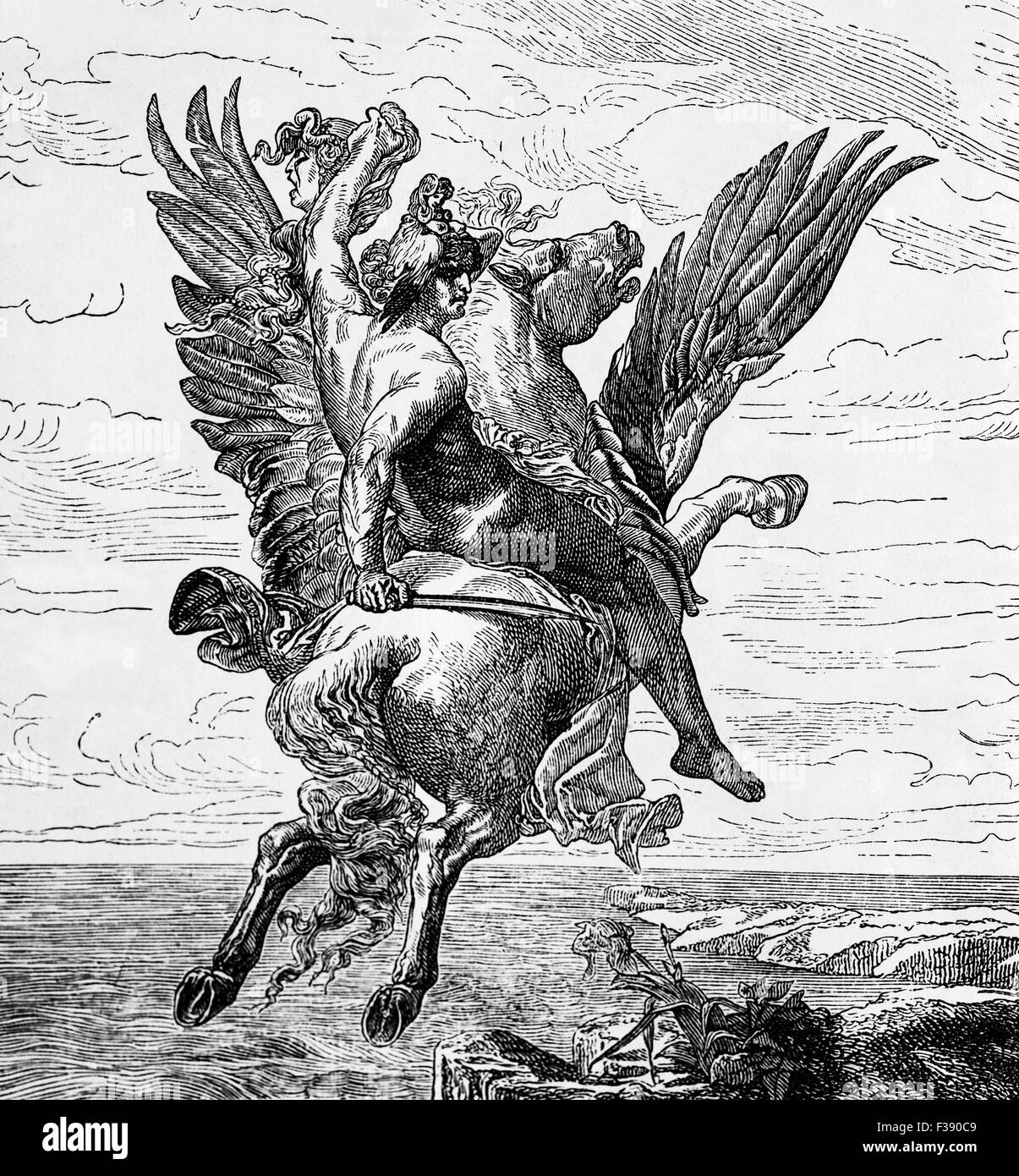 Perseus Clutching Medusa's Head after decapitating her , While Riding the Winged Horse Pagasus. Stock Photo