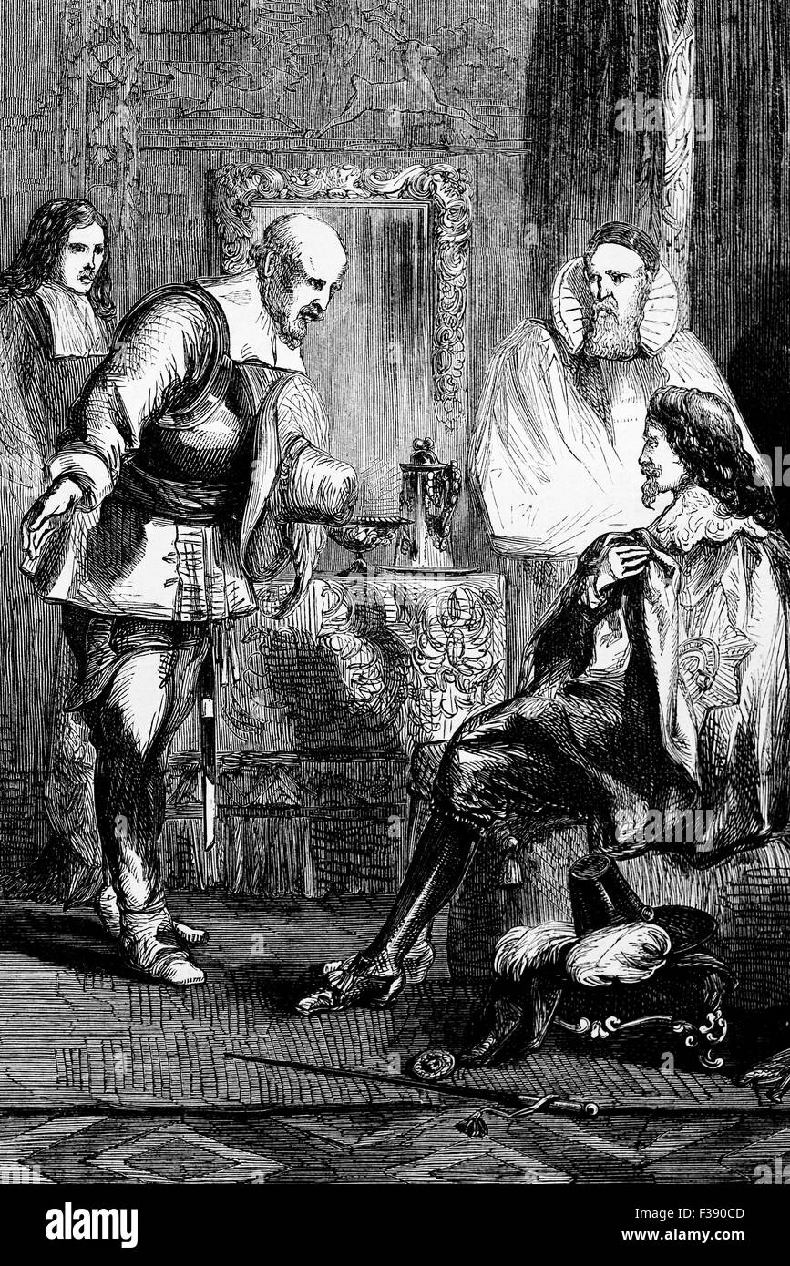 Charles I being summoned to his execution; he was beheaded on Tuesday, 30 January 1649 at Whitehall on a scaffold in front of the Banqueting House, London, England. Stock Photo