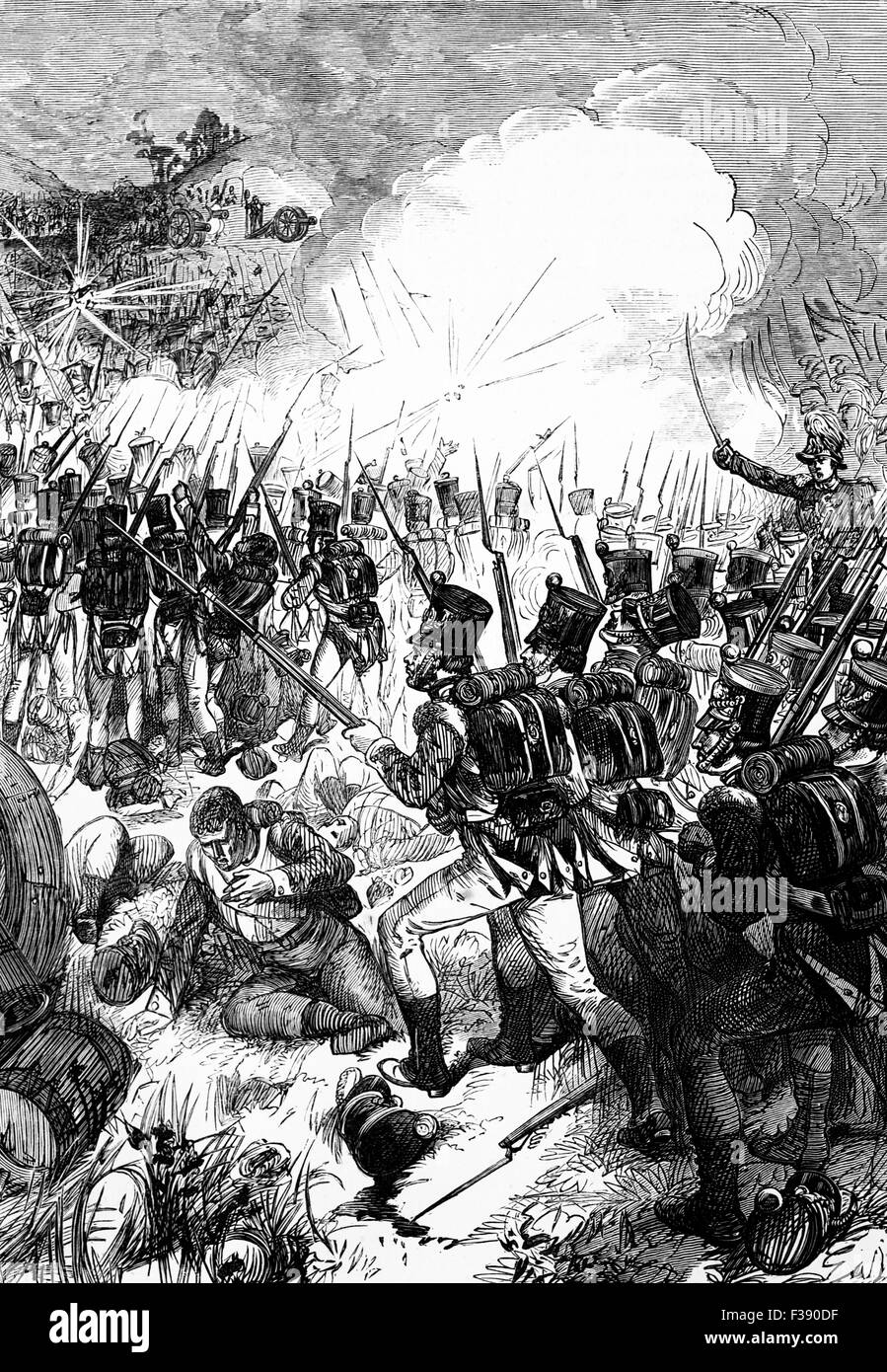 The Battle of Albuera was an indecisive battle on 16 May 1811 during the Peninsular War. A mixed Spanish, British and Portuguese corps engaged elements of the French Armée du Midi  about 20 kilometres (12 mi) south of the frontier fortress-town of Badajoz, Spain. Stock Photo