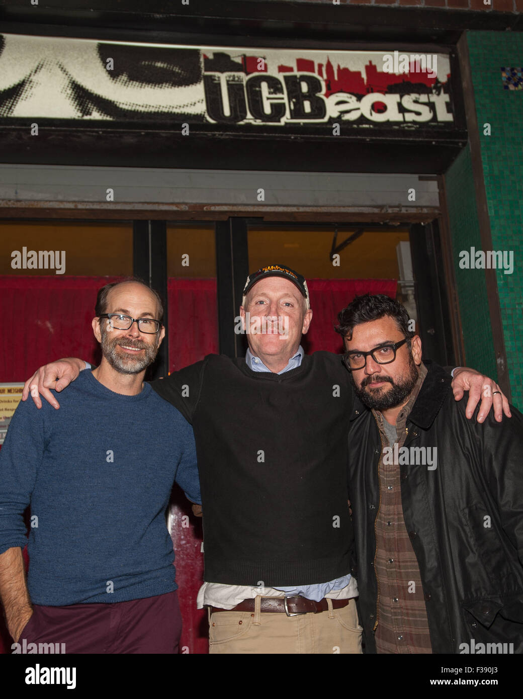 New York, USA. 1st October, 2015. Upright Citizens Brigade alumni Brian Huskey, Matt Walsh, and Horatio Sanz appear at the New York City screening of their comedy 'A Better You,' directed by Walsh (Veep, Ghostbusters), October 1, 2015, at the UCB East theater. Credit:  Lawrence Lucier/Alamy Live News Stock Photo