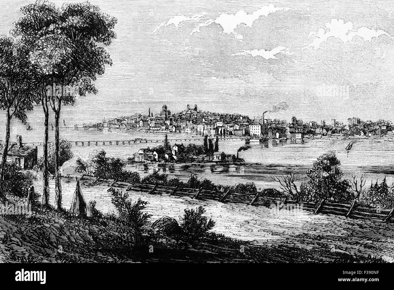 19th Century view of Kingston, a Canadian city located in Eastern Ontario where the Saint Lawrence River flows out of Lake Ontario. Stock Photo