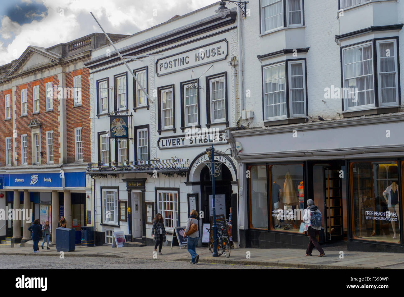 A view taken in 2015 of the famous Angel Hotel in Guildford High Street Surrey. It is the sole