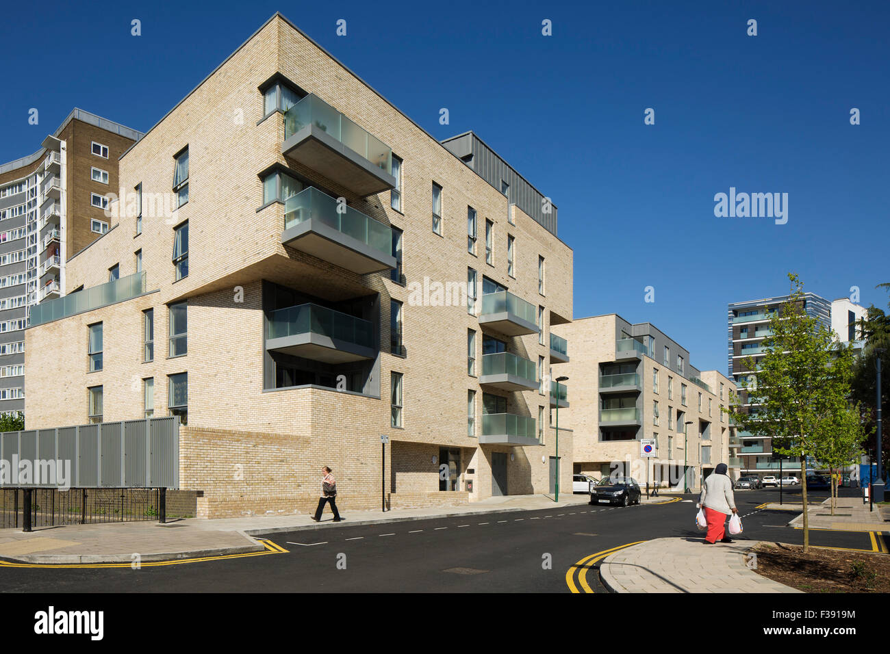 Wide view of housing scheme. Hicks Bolton Bond Housing Scheme, London, United Kingdom. Architect: Rick Mather Architects, 2015. Stock Photo