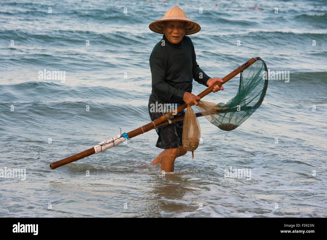 Mussel hunter, shellfish fisherman wearing a straw hat, Cua Dai beach in  Hoi An, Vietnam Stock Photo - Alamy
