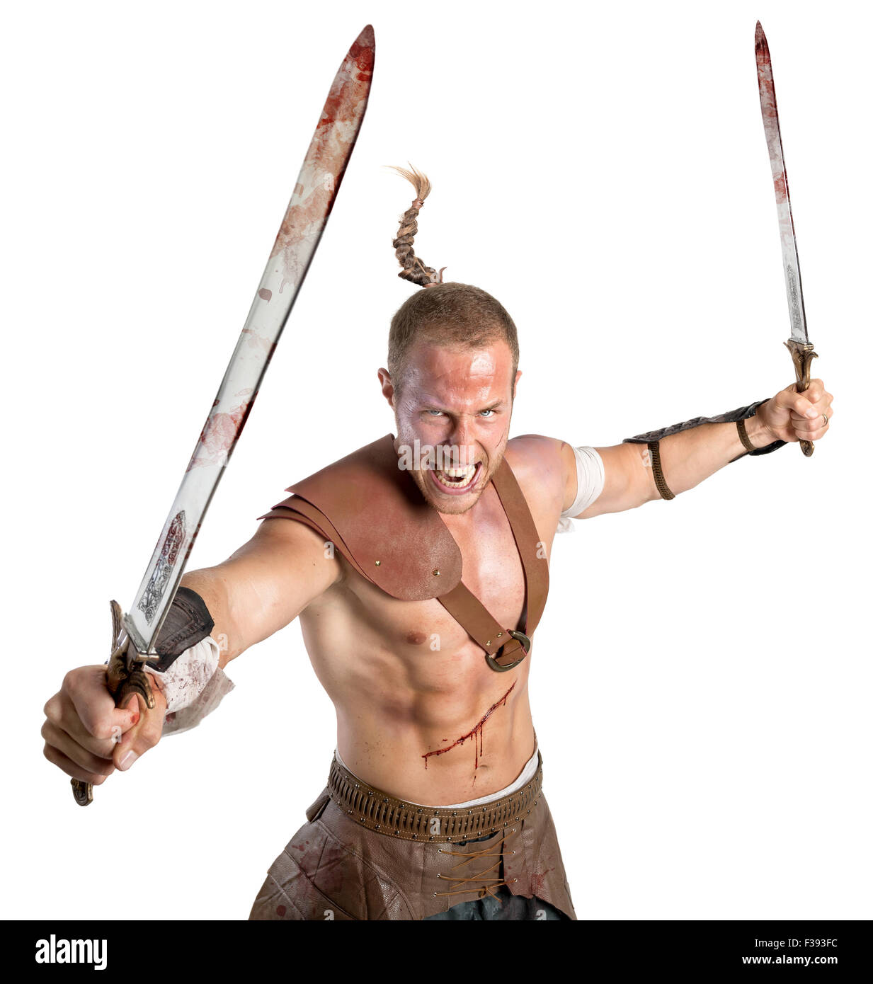 Gladiator posing isolated in a white background Stock Photo - Alamy