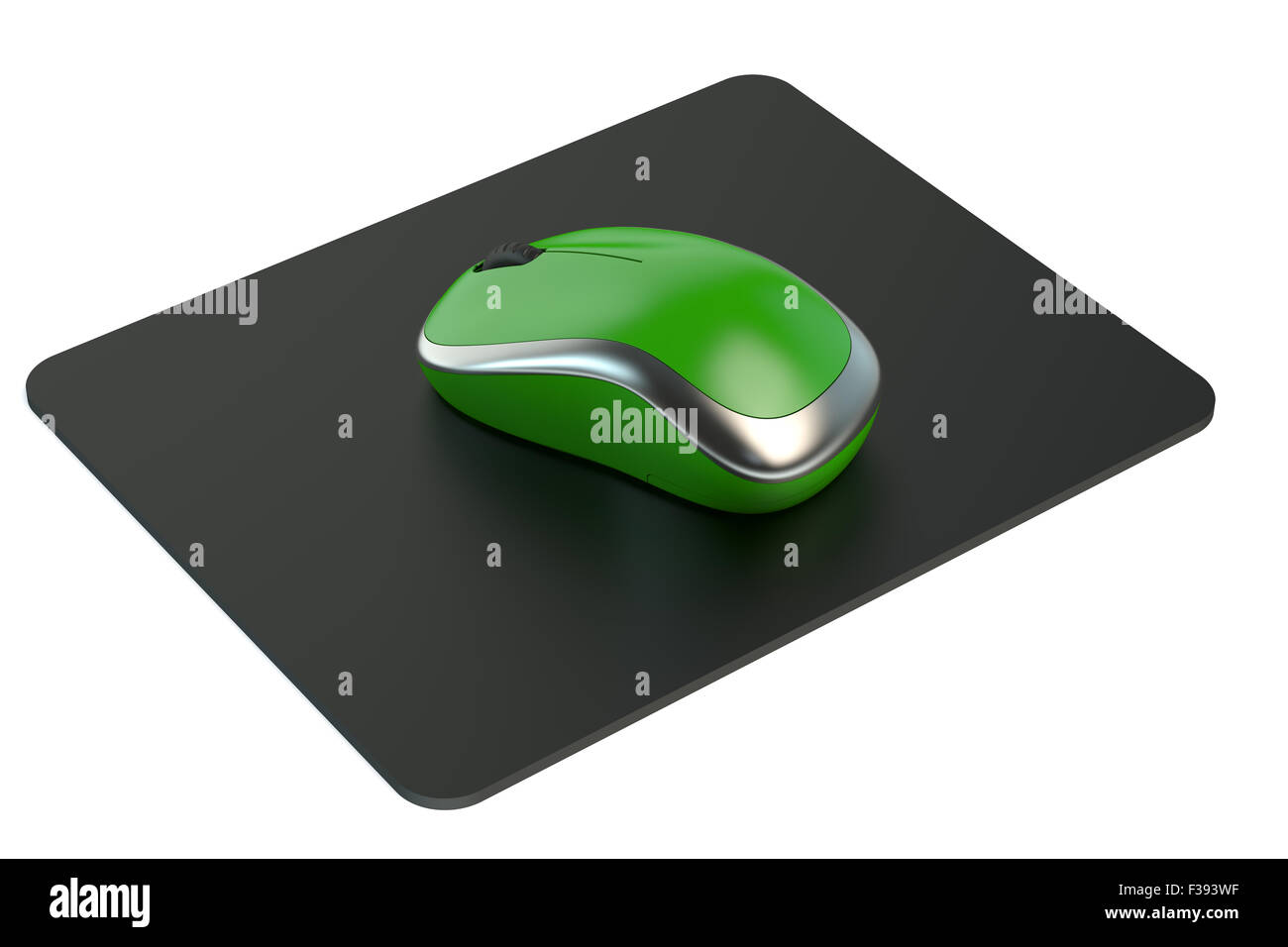 Green Wireless Computer Mouse on  mouse mat isolated on white background Stock Photo