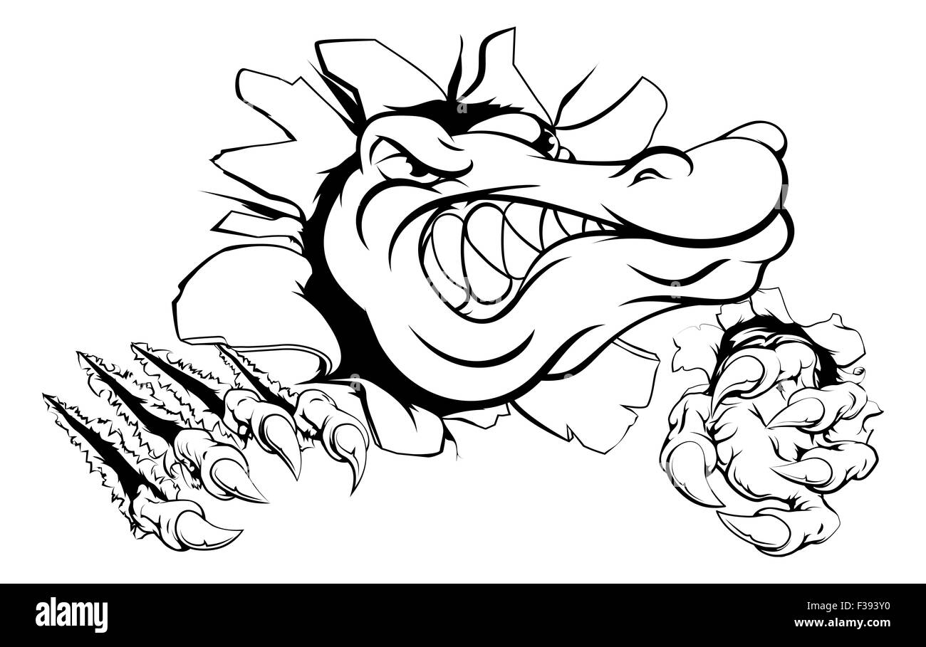 A cartoon alligator or crocodile smashing through a wall with claws and head Stock Photo