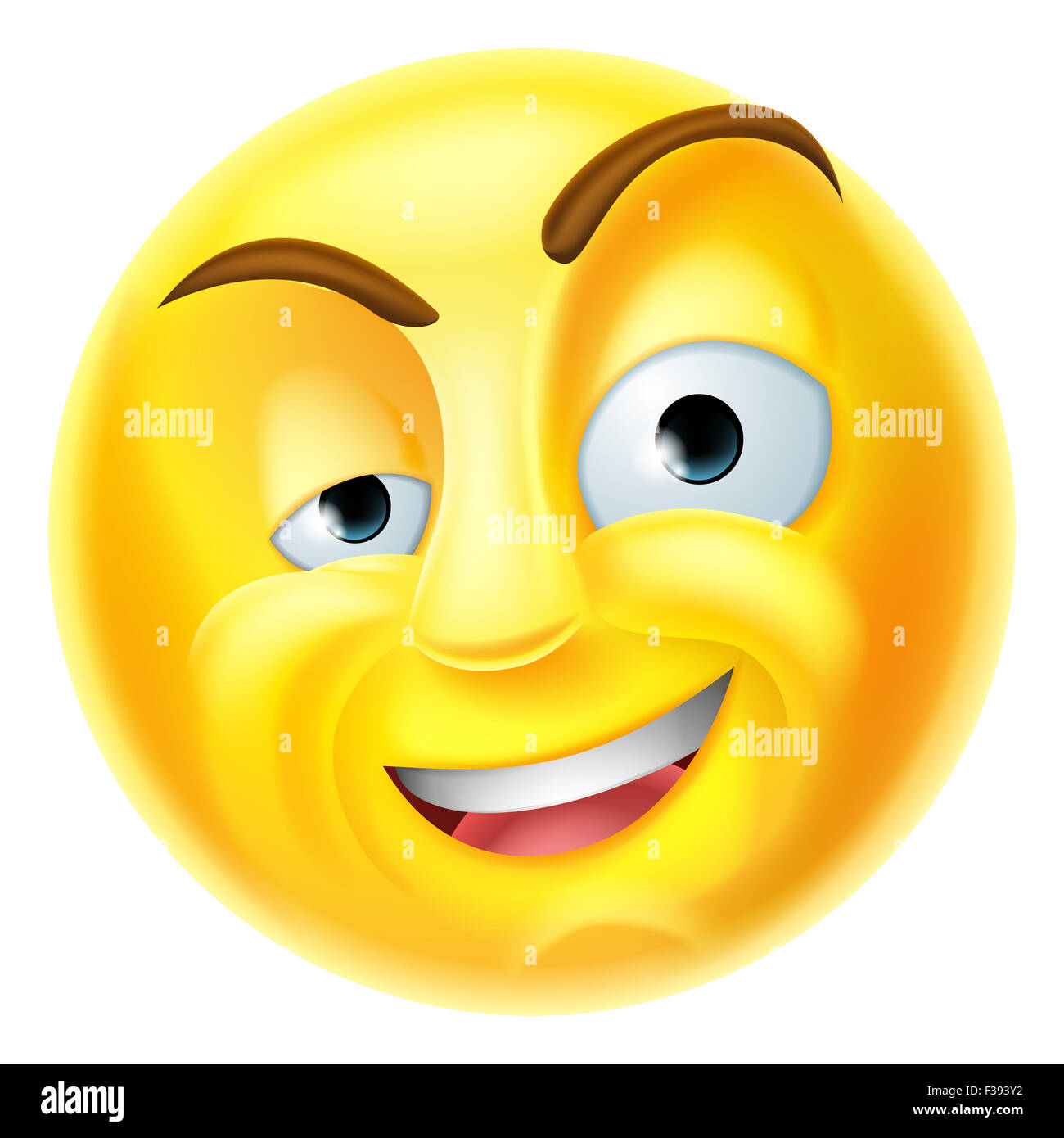 A charming emoji emoticon smiley face character with one eyebrow raised Stock Photo