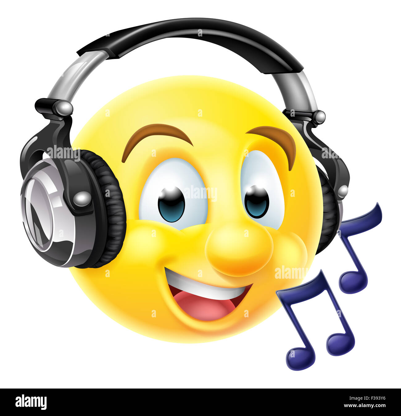 An emoticon emoji wearing headphones and listening to music or singing along.  With musical notes Stock Photo
