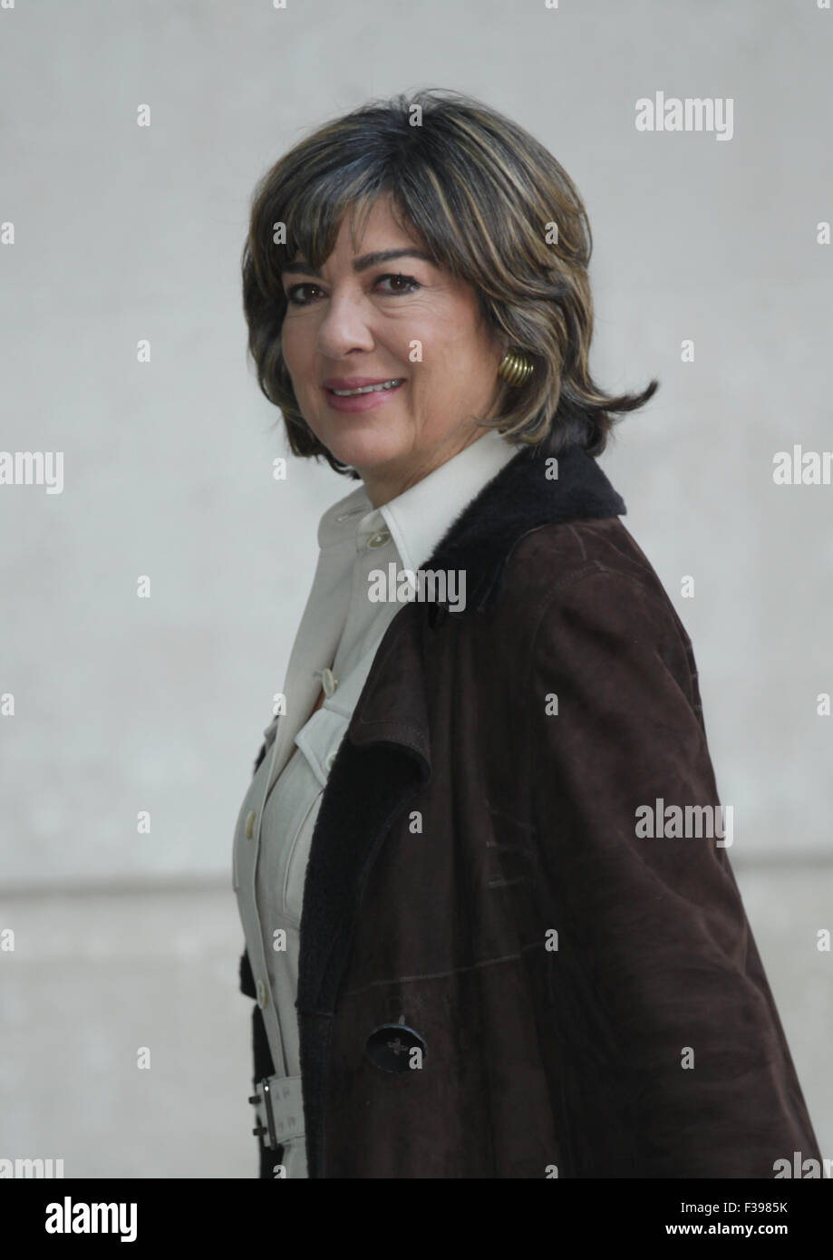 London, UK, 6th Sep 2015: Broadcaster Christiane Amanpour seen at the BBC Broadcasting House for the Andrew Marr Show in London Stock Photo