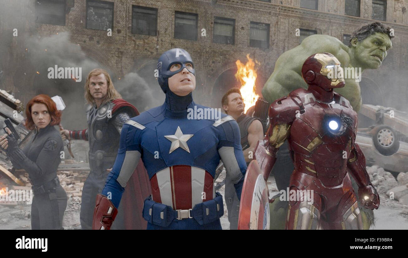 THE AVENGERS 2012 Marvel film with from left: Scarlett Johansson (Black Widow), Chris Hemsworth (Thor) , Chris Evans (Captain America), Clint Barton (Hawkeye), Iron Man (Anthony Stark), Mark Ruffalo (The Incredible Hulk), Stock Photo